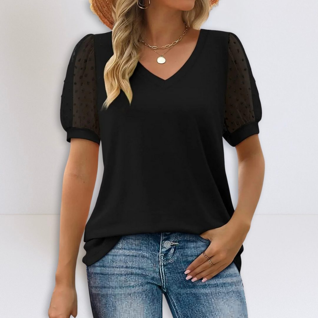 Linda | Sheer Sleeve V-Neck Top